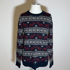 Forever 21 Mens Fair Isle Nordic Moose Snowflake Sweater Size Medium Navy/Red